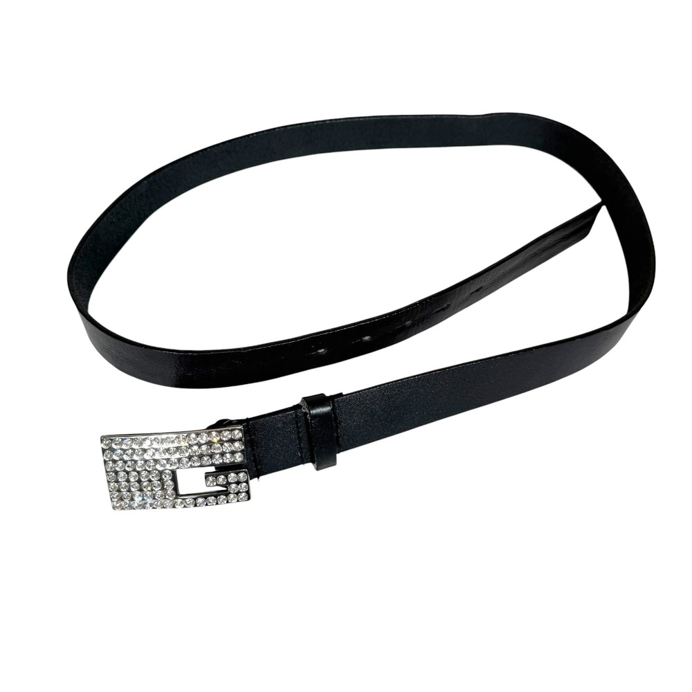 Guess Women's Black Genuine Leather Belt Rhinestone G Logo Buckle Extra Large